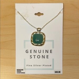 NWT Silver Plated Necklace with Green Aventurine Square-Cut Pendant
